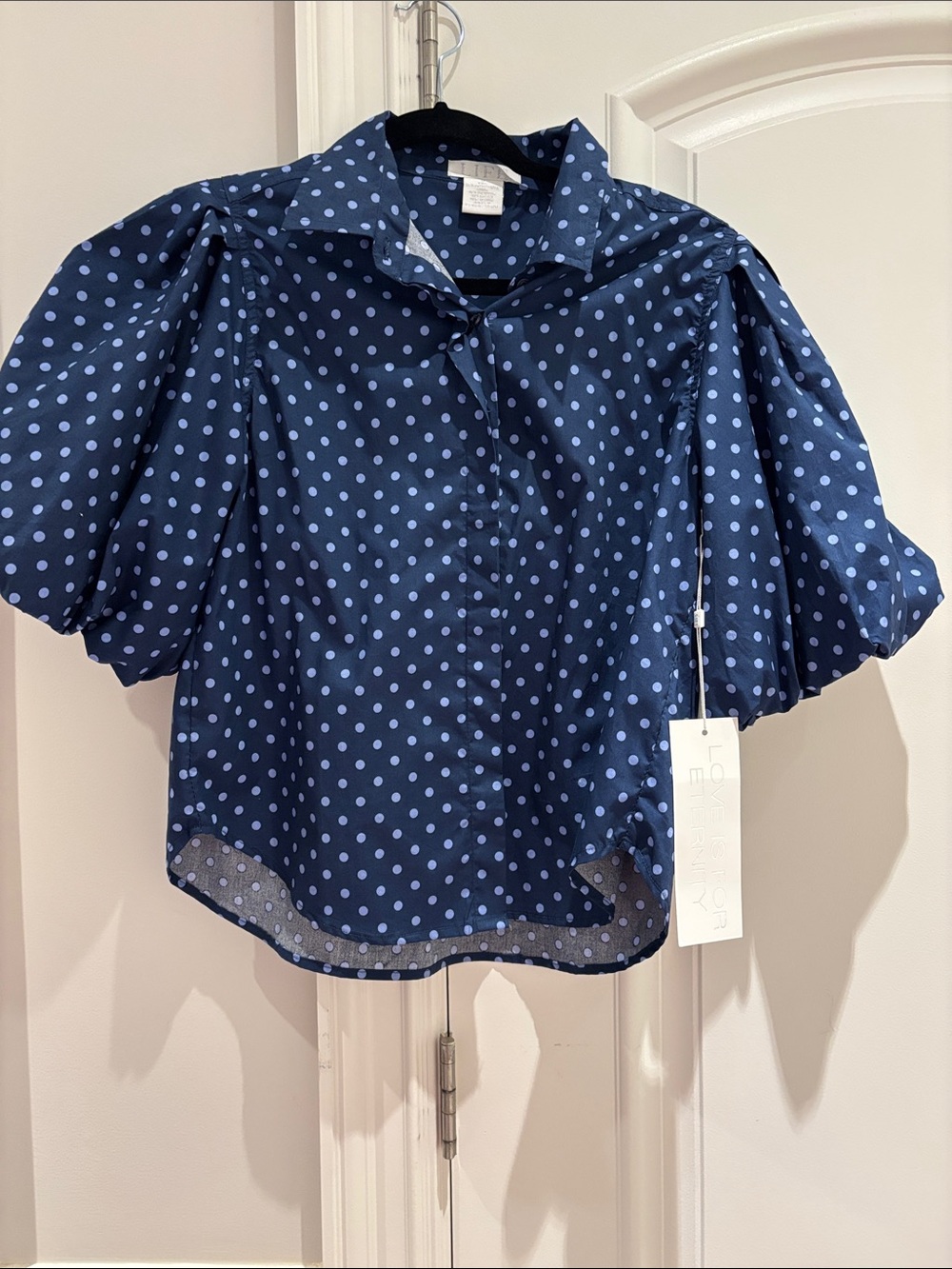 Polka Dot Puff Sleeve Shirt - Navy/Light Blue